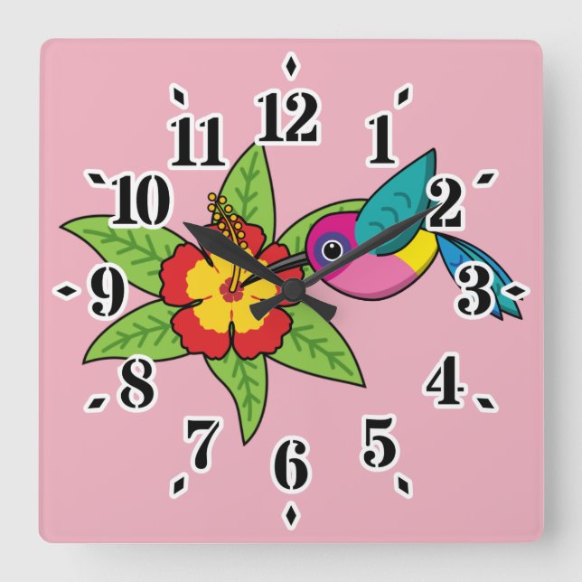 Colorful Hummingbird on Hibiscus Tropical Flower Square Wall Clock (Front)