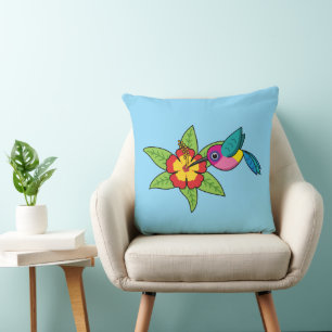 Colorful Hummingbird on Hibiscus Tropical Flower Throw Pillow