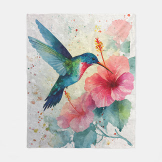Colorful Hummingbird Pink Floral Watercolor Blanke Fleece Blanket