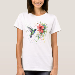 Colorful Hummingbird Watercolor Floral Nature Art T-Shirt