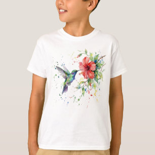 Colorful Hummingbird Watercolor Floral Nature Art T-Shirt