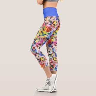 Colorful Hummingbirds and Flowers Capri Leggings