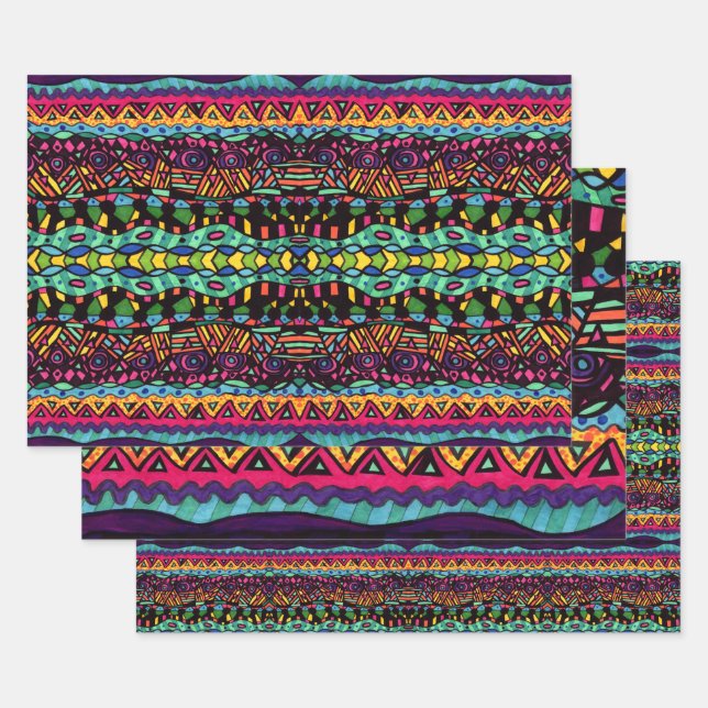 Colorful Hypnotic Voyage Geometric Art Pattern Wrapping Paper Sheet (Set)
