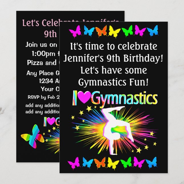 COLORFUL I LOVE GYMNASTICS INVITATION (Front/Back)