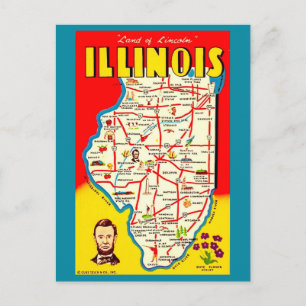 Colorful Illustrated Vintage Illinois Map Postcard