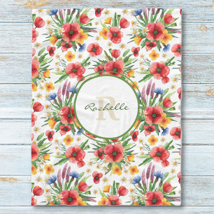 Colorful Illustrated Wildflowers, Poppies Pattern Fleece Blanket