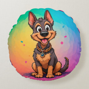 Colorful Illustration of Happy Dog Sitting Round Pillow