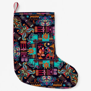 Colorful illustration with decorative animals and small christmas stocking