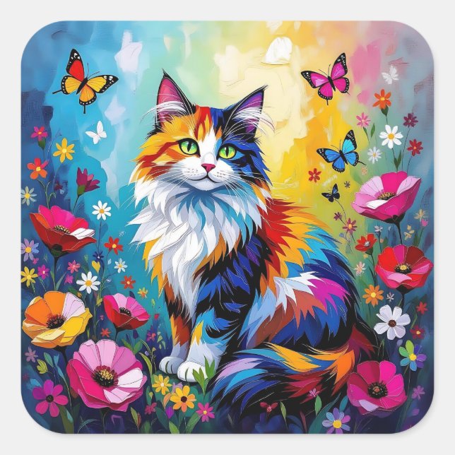 Colorful Impasto Cat, Flowers and Butterflies Square Sticker (Front)
