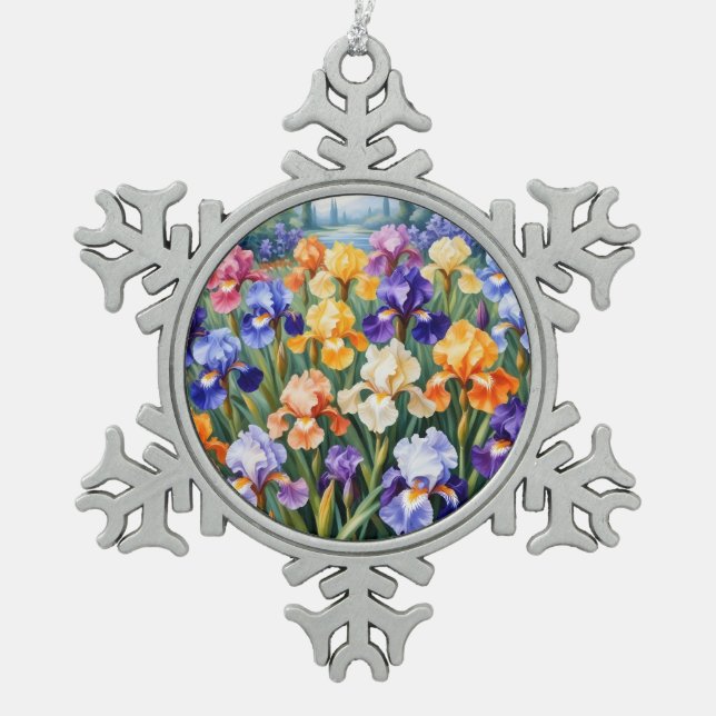 Colorful iris garden snowflake pewter christmas ornament (Front)