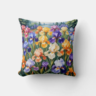 Colorful iris garden throw pillow