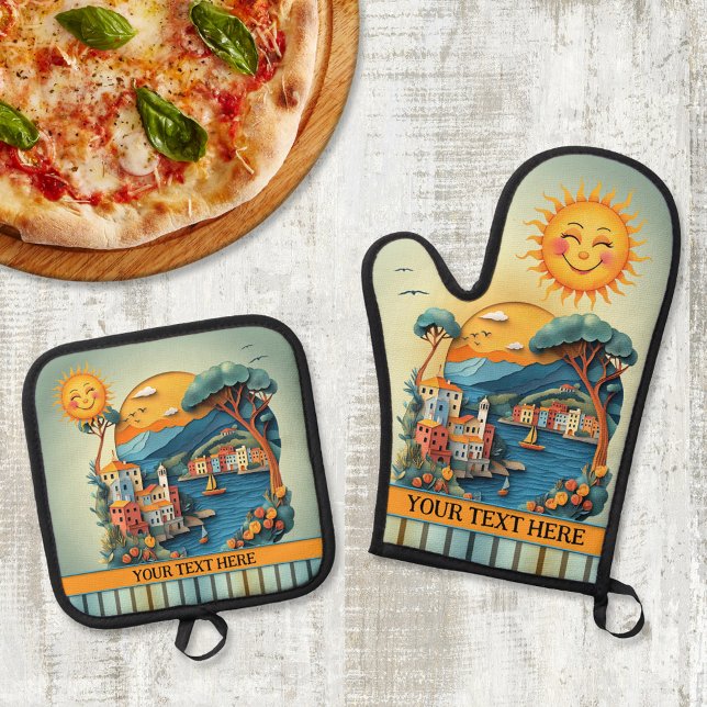 Colorful Italian Mediterranean  Oven Mitt & Pot Holder Set (Italian oven mitt and pot holder set featuring a colorful illustration in Mediterranean style)