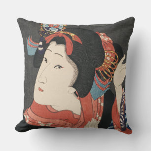 Colorful Japanese Woman Vintage Painting Throw Pillow