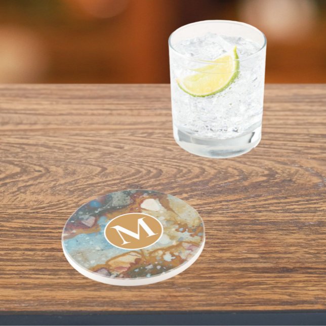 Colorful Jasper Stone Pattern Monogram Coaster (In Situ)