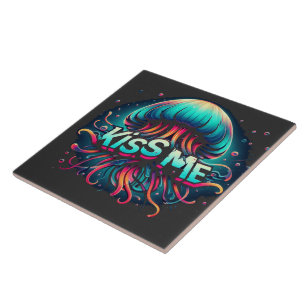 Colorful Jellyfish Illustration With Kiss Me Text  Tile