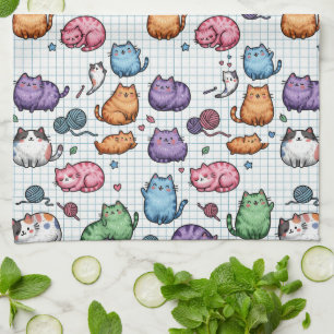 Colorful Kawaii Chubby Cats Pattern on Graph Paper Kitchen Towel