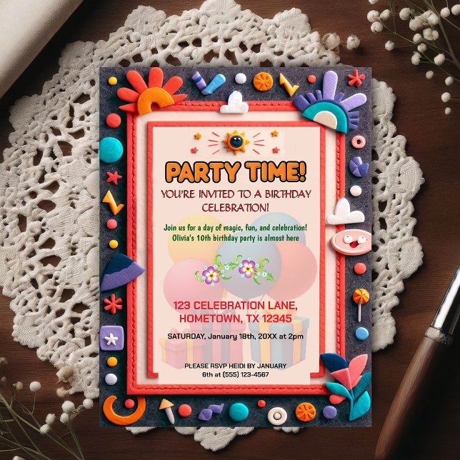 Colorful Kids Felt Birthday Party Invitation Postcard (Creator Uploaded)