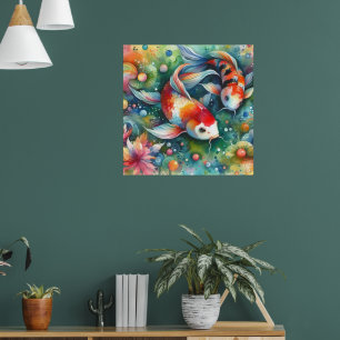Colorful Koi Fish Whimsical Watercolor Orange Teal Poster