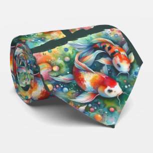 Colorful Koi Fish Whimsical Watercolor Orange Teal Tie