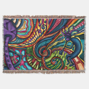 Colorful Kokopelli dancer with flute, Southwestern Throw Blanket