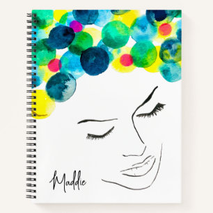 Colorful lady funky hair watercolor notebook