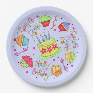 Colorful Lavender Cupcakes and Cake Happy Birthday Paper Plate