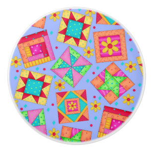 Colorful Lavender Quilt Patchwork Block Art Ceramic Knob