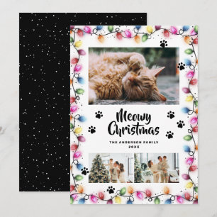 Colorful Lights Black Photo Meowy Christmas Card