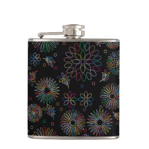 Colorful Line Art Spirals Flowers Pattern on Black Hip Flask