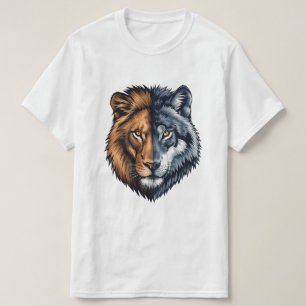 Colorful Lion Wolf Split Face Illustration T-Shirt