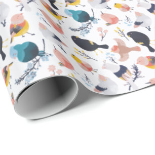 Colorful Little Birds Floral Botanical Paradise Wrapping Paper