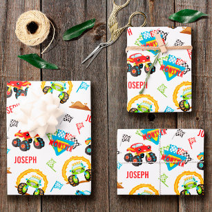 Colorful Little Boy Monster Trucks Pattern Wrapping Paper Sheet