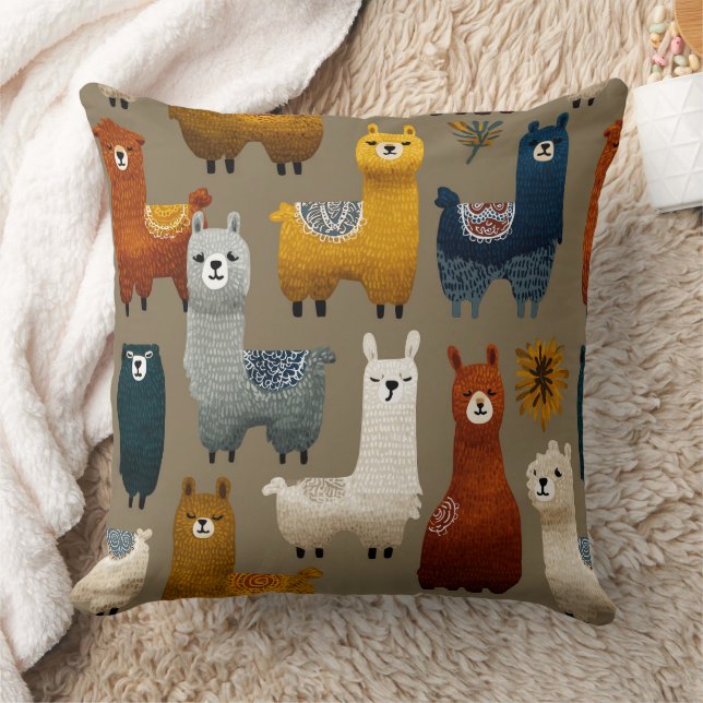 Colorful Llamas And Alpacas Mingle Throw Pillow (Blanket)