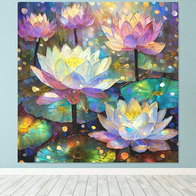 Colorful Lotus Flowers Blossoming in the Snow Canvas Print (Insitu(Wood Floor))