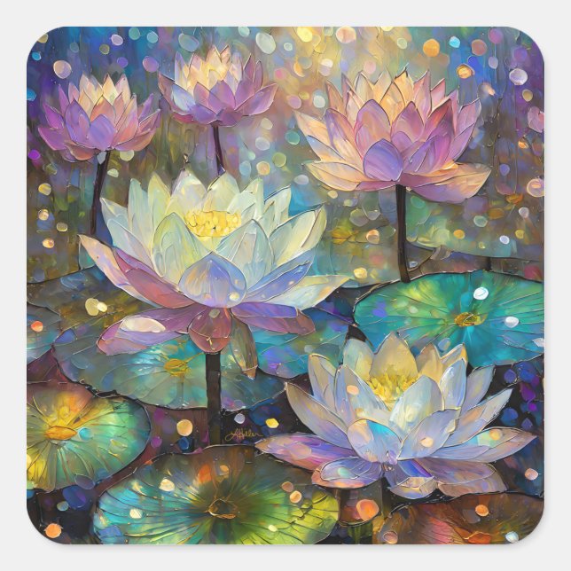 Colorful Lotus Flowers Blossoming in the Snow Square Sticker (Front)