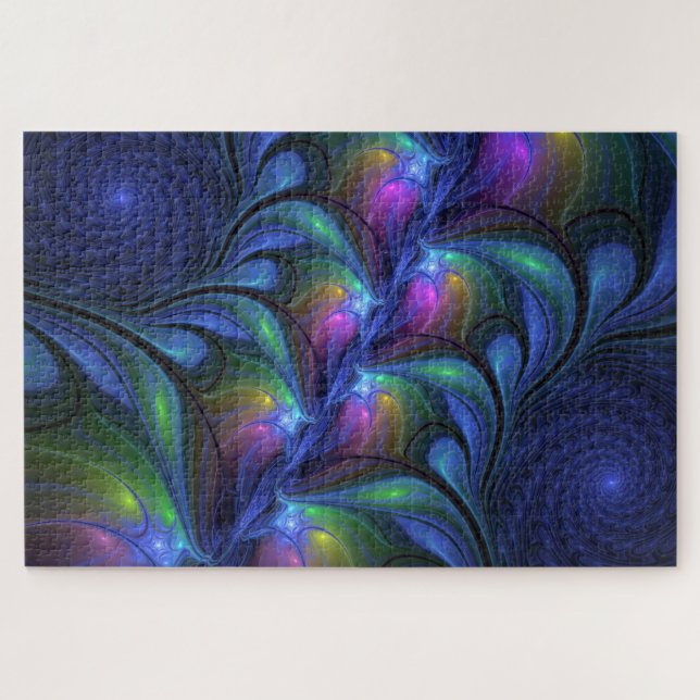 Colorful Luminous Abstract Blue Pink Green Fractal Jigsaw Puzzle (Horizontal)