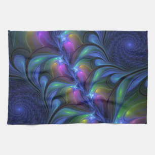 Colorful Luminous Abstract Blue Pink Green Fractal Kitchen Towel