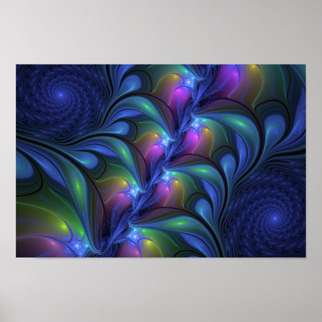 Colorful Luminous Abstract Blue Pink Green Fractal Poster (Front)