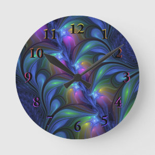Colorful Luminous Abstract Blue Pink Green Fractal Round Clock