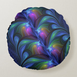 Colorful Luminous Abstract Blue Pink Green Fractal Round Pillow