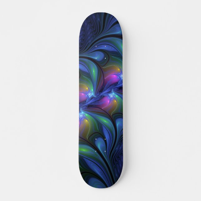 Colorful Luminous Abstract Blue Pink Green Fractal Skateboard (Front)