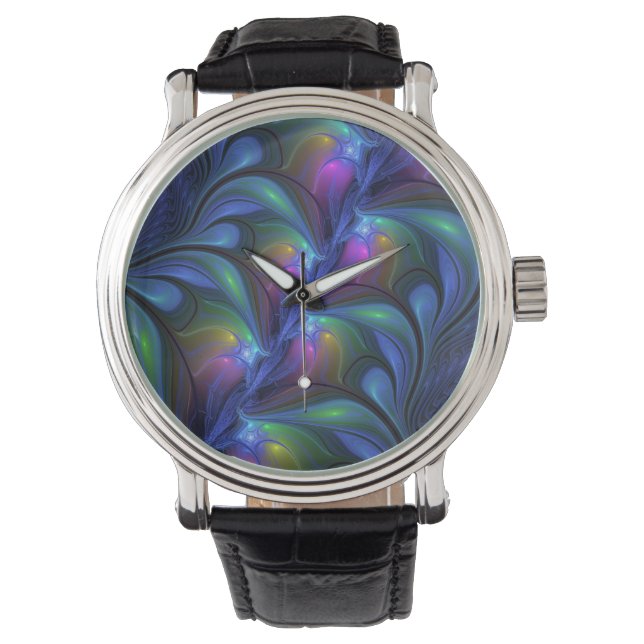 Colorful Luminous Abstract Blue Pink Green Fractal Watch (Front)