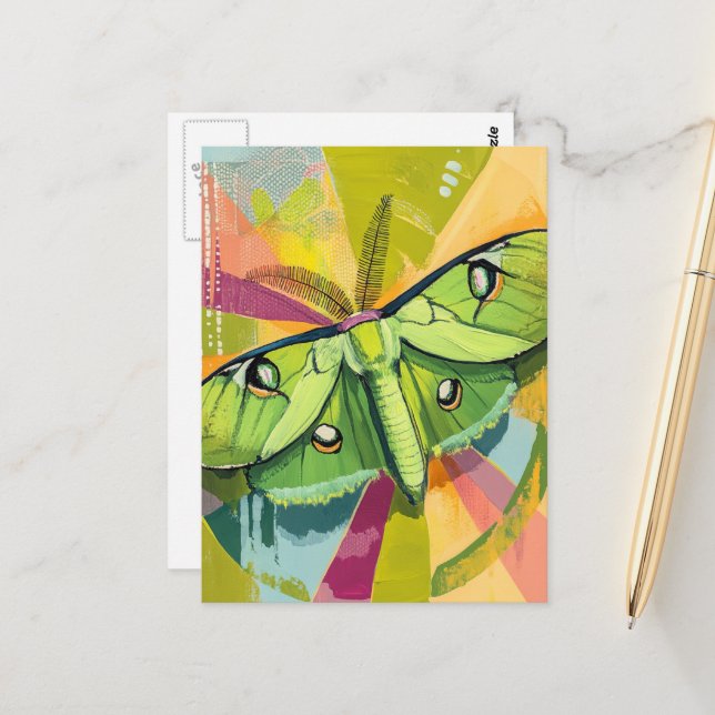 Colorful Luna Moth Painting Postcard (Front/Back In Situ)