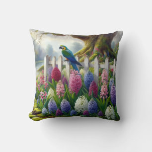 Colorful Macaw Garden Tropical Bird Floral Cotta Throw Pillow