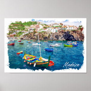 Colorful Madeira Portugal Vintage Travel  Poster