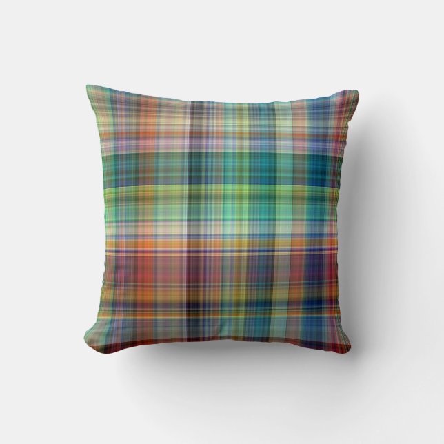 Colorful Madras Plaid Stripe Pattern Throw Pillow (Front)