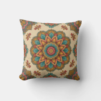 Colorful Mandala Floral Boho Art Throw Pillow