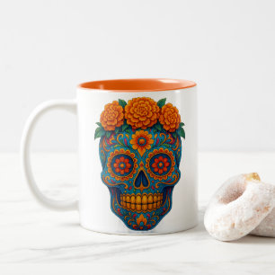 Colorful Marigold Day of the Dead Sugar Skull Two-Tone Coffee Mug
