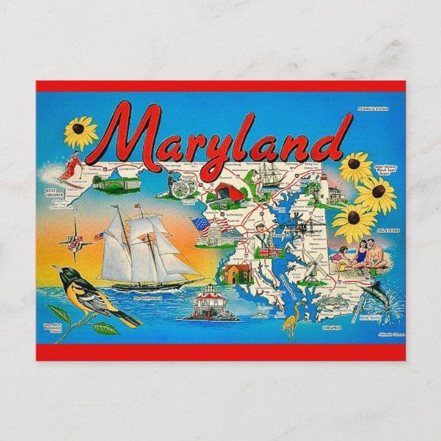 Colorful Maryland Map Postcard (Front)