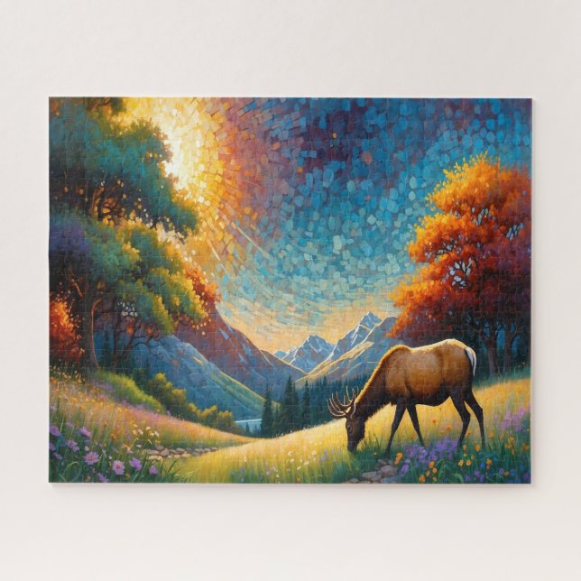 Colorful Meadow Elk with Flowers Art Jigsaw Puzzle (Horizontal)